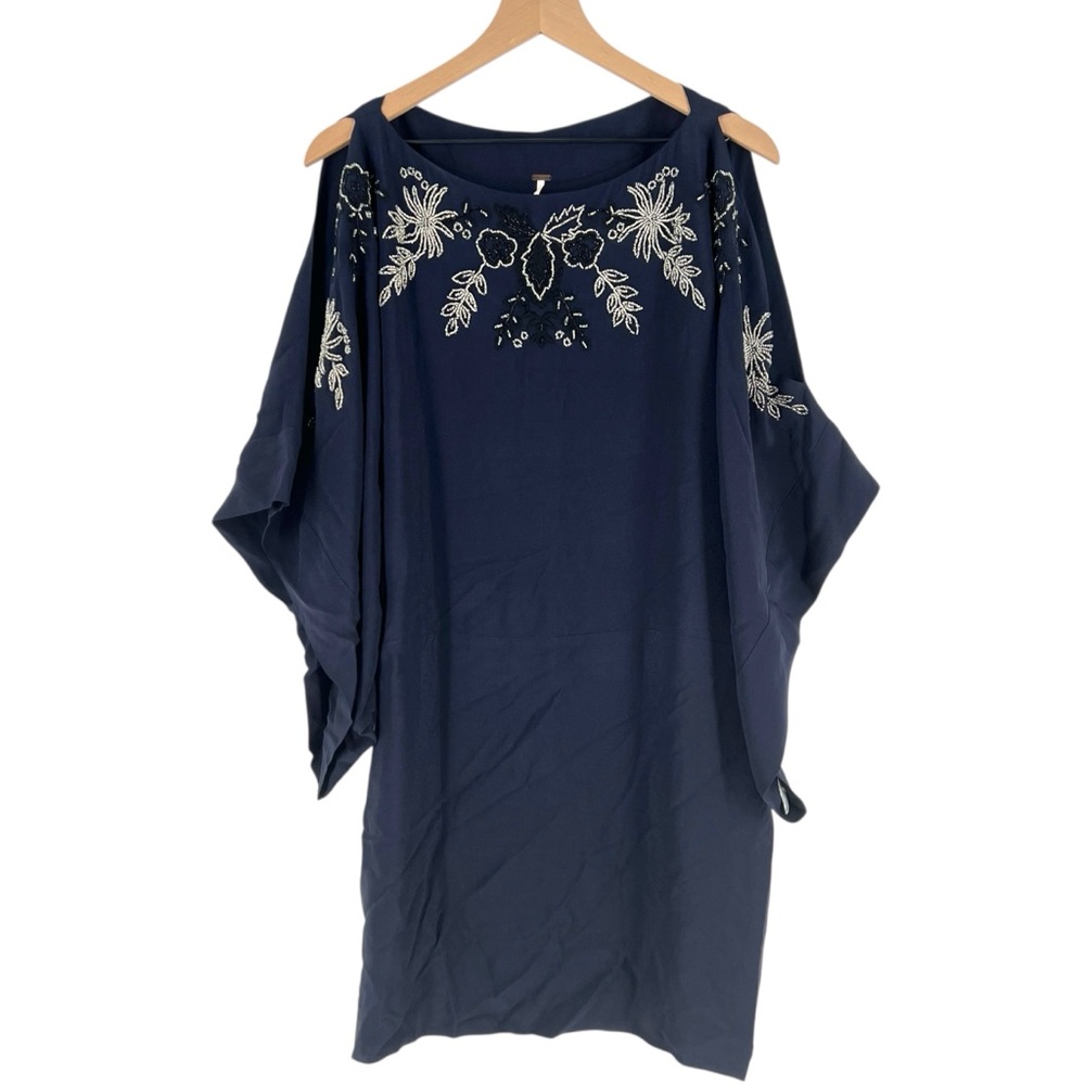 Free People Navy Blue Floral Beaded Embroidered Chiffon Dolman‎ Sleeve Dress M